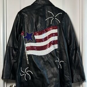 The Quacker Factory Vintage Genuine‎ Leather Black Sequin American Flag Jacket